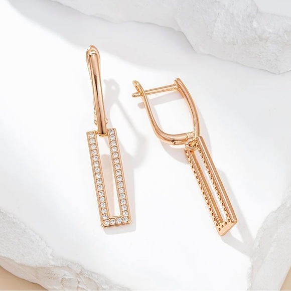 NEW Rose Gold CZ Geometric Drop Earrings - Picture 3 of 6
